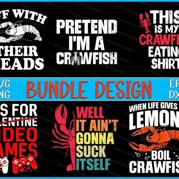 Collection of crawfish-themed designs with text and graphics on a black background.
