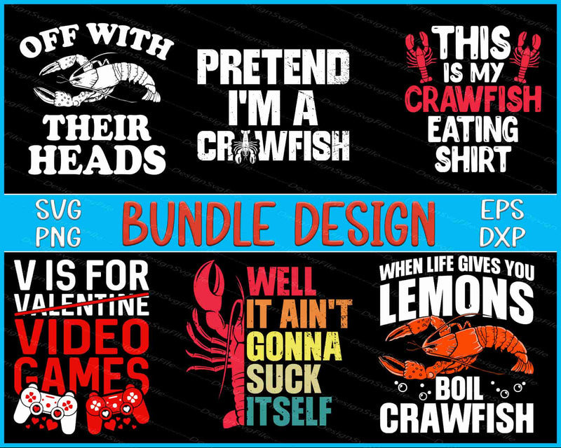 Collection of crawfish-themed designs with text and graphics on a black background.