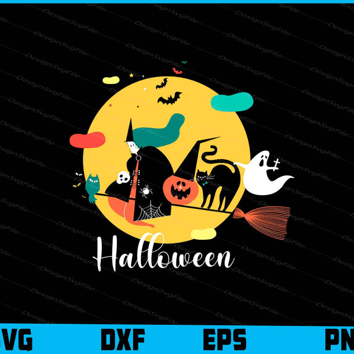Halloween-themed design with pumpkins, ghosts, and cats on a yellow moon background.