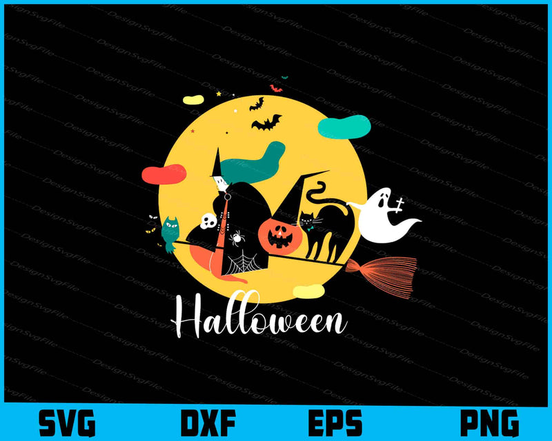 Halloween-themed design with pumpkins, ghosts, and cats on a yellow moon background.