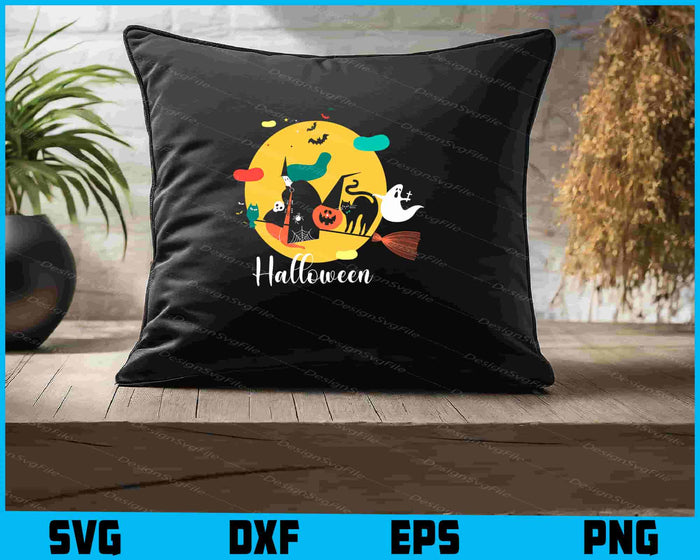 Halloween-themed design with pumpkins, ghosts, and cats on a yellow moon background.