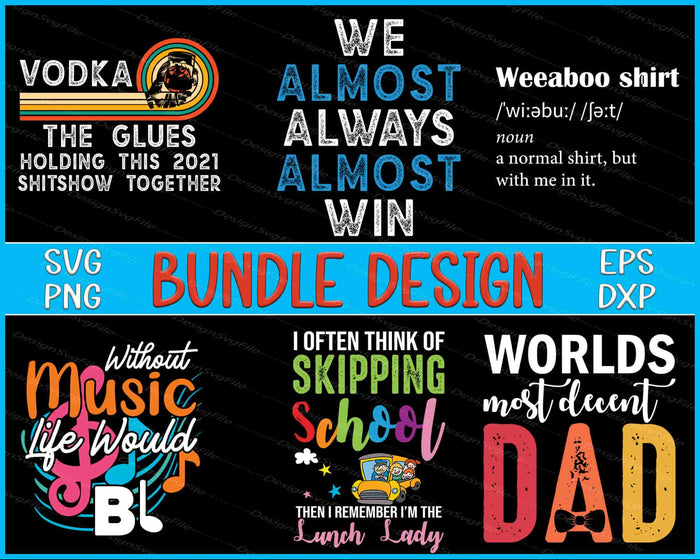 Collection of humorous and motivational text designs with various fonts and colors on a black background.