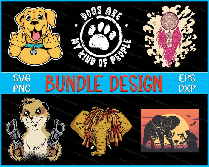 Collection of animal-themed designs with text overlay on a black background