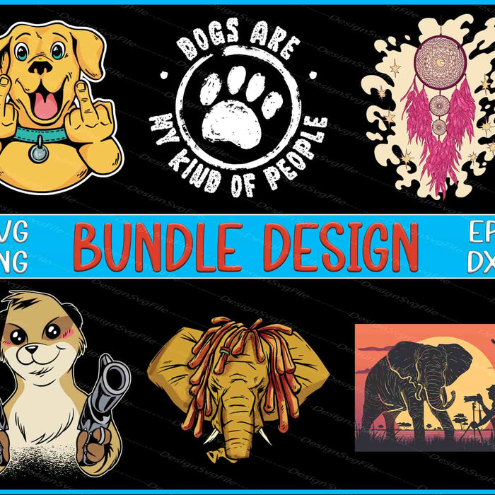 Collection of animal-themed designs with text overlay on a black background