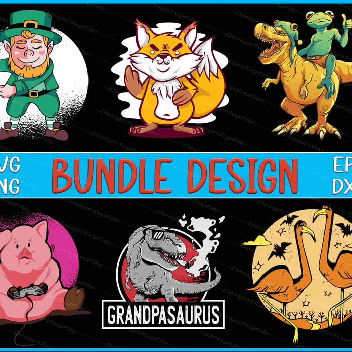 Collection of cartoon illustrations with text overlay for SVG, PNG, EPS, and DXF bundle design.