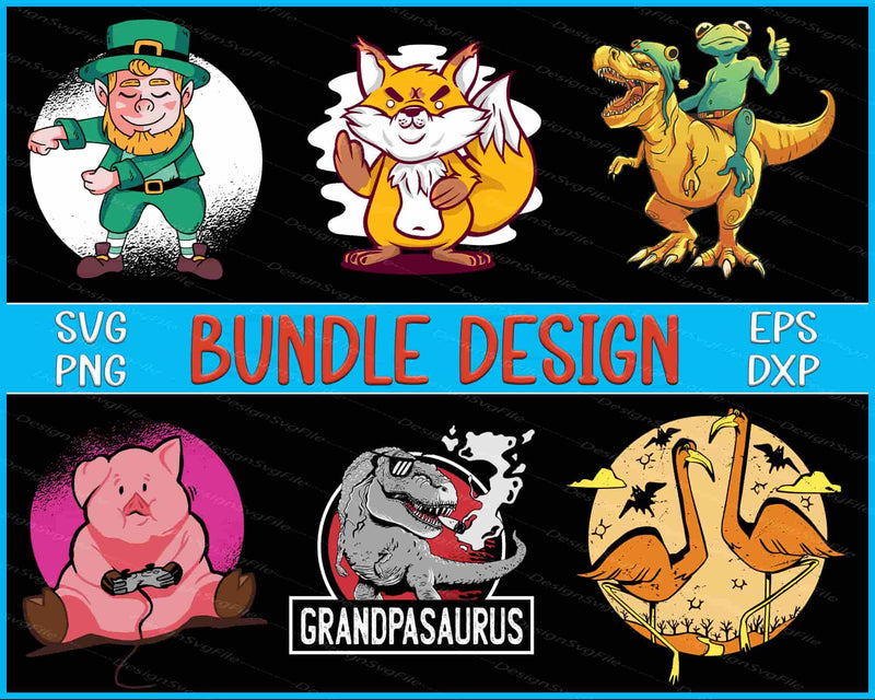Collection of cartoon illustrations with text overlay for SVG, PNG, EPS, and DXF bundle design.