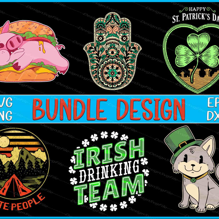 Collection of St. Patrick's Day-themed designs including a pig with a burger, hamsa hand, shamrock, mountain landscape, and cat in a leprechaun hat.