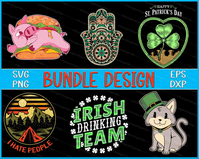Collection of St. Patrick's Day-themed designs including a pig with a burger, hamsa hand, shamrock, mountain landscape, and cat in a leprechaun hat.