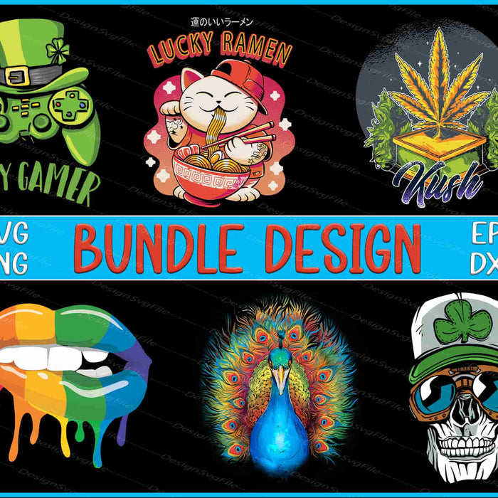 Collection of colorful graphic designs with text overlay on a black background