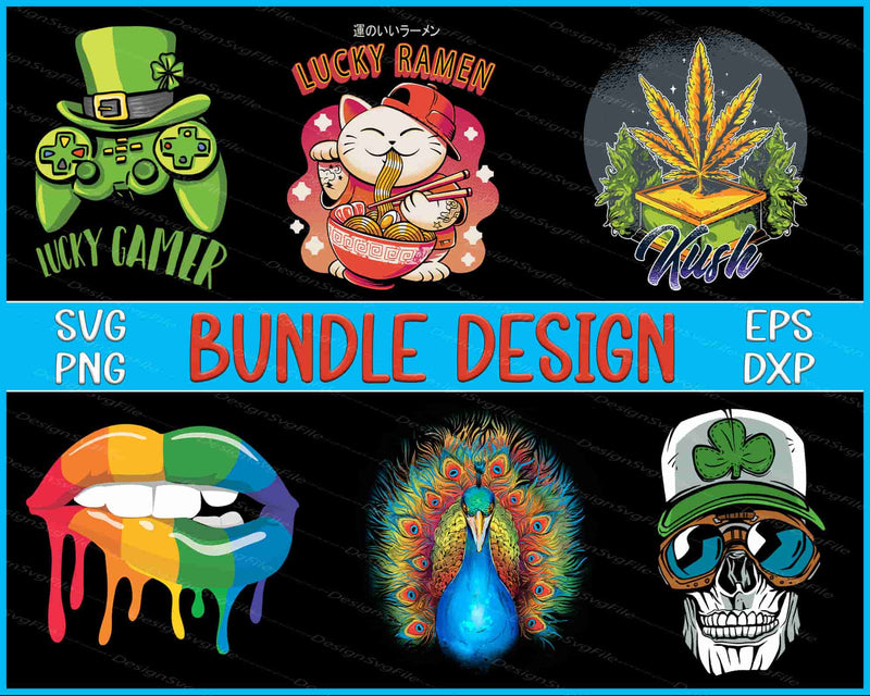 Collection of colorful graphic designs with text overlay on a black background