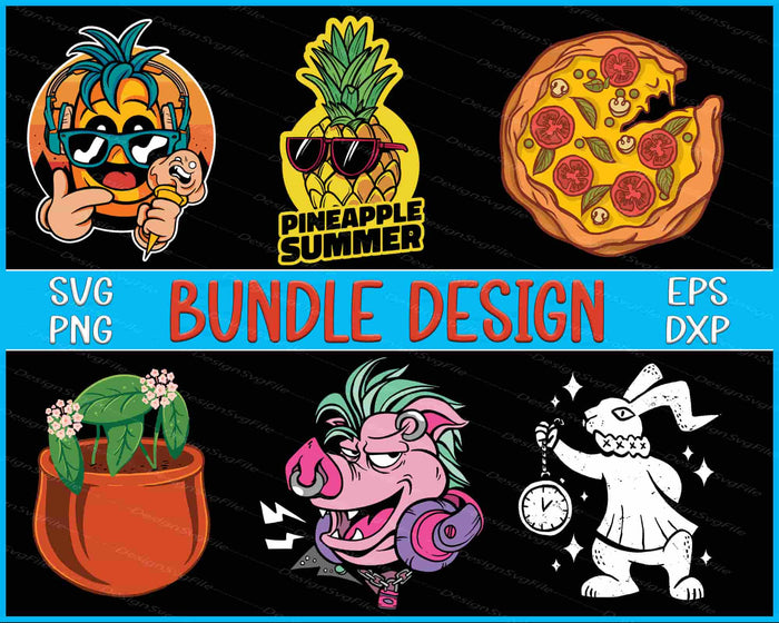 Collection of cartoon illustrations including a pineapple, pizza, plant, and rabbit with text indicating SVG, PNG, EPS, and DXF bundle design.