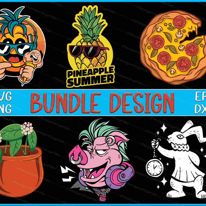 Collection of cartoon illustrations including a pineapple, pizza, plant, and rabbit with text indicating SVG, PNG, EPS, and DXF bundle design.