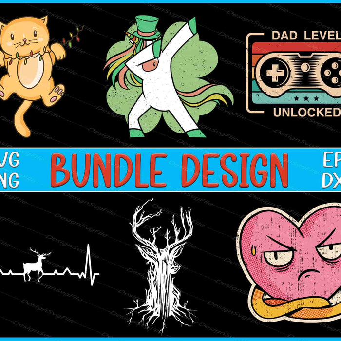 Collection of six cartoon-style illustrations with text overlay on a black background