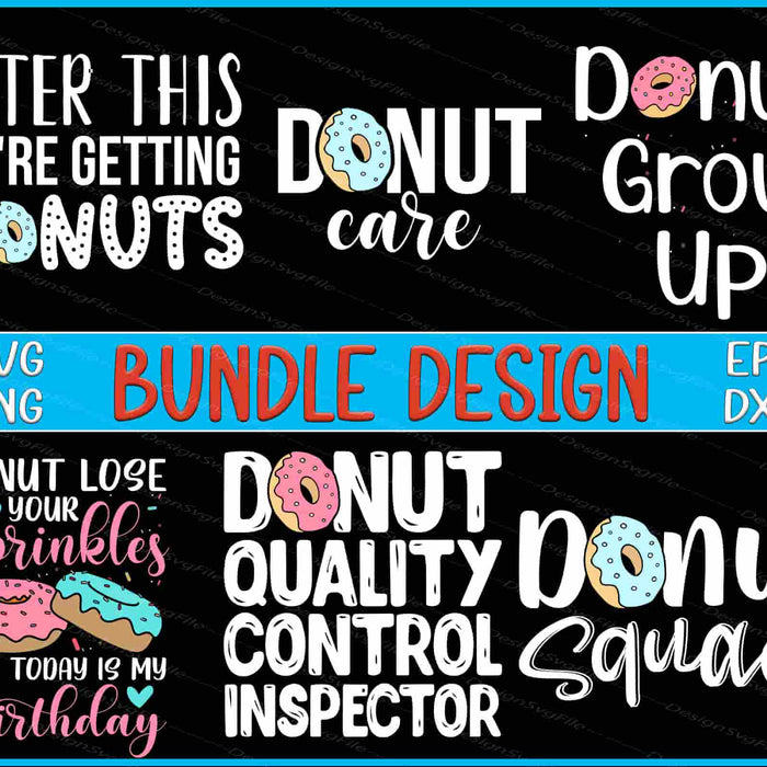 Collection of donut-themed text designs on a black background with colorful donut graphics.