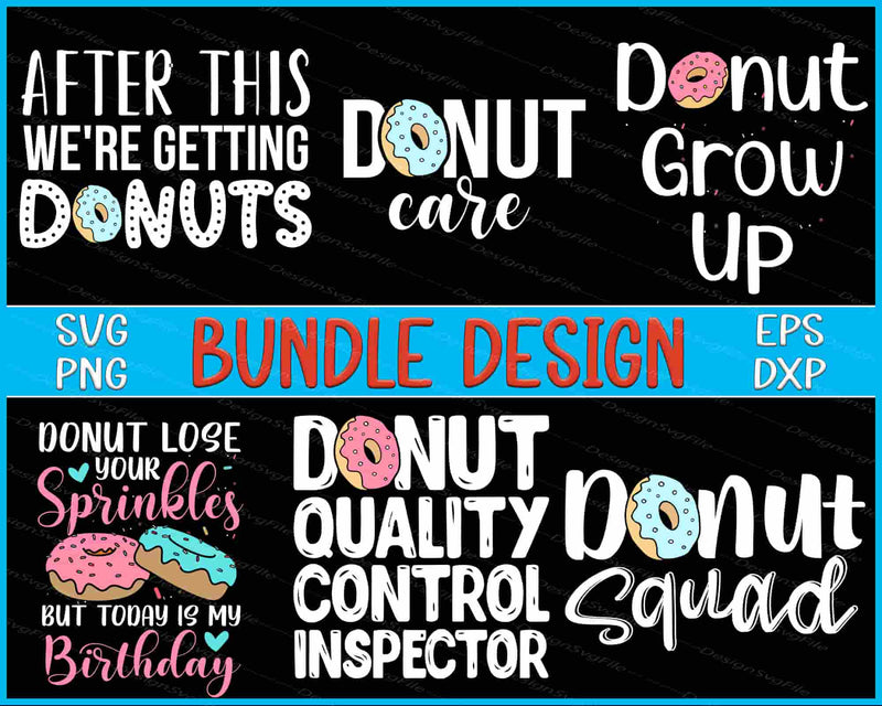 Collection of donut-themed text designs on a black background with colorful donut graphics.