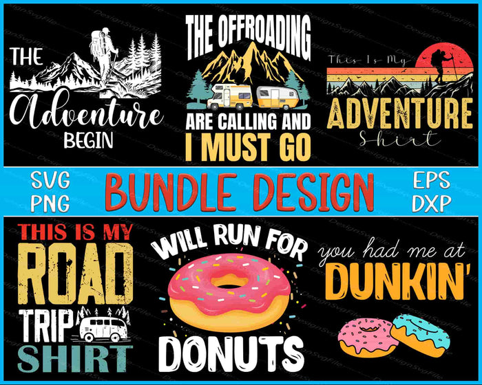 Collection of adventure-themed graphics with text and graphics on a black background.