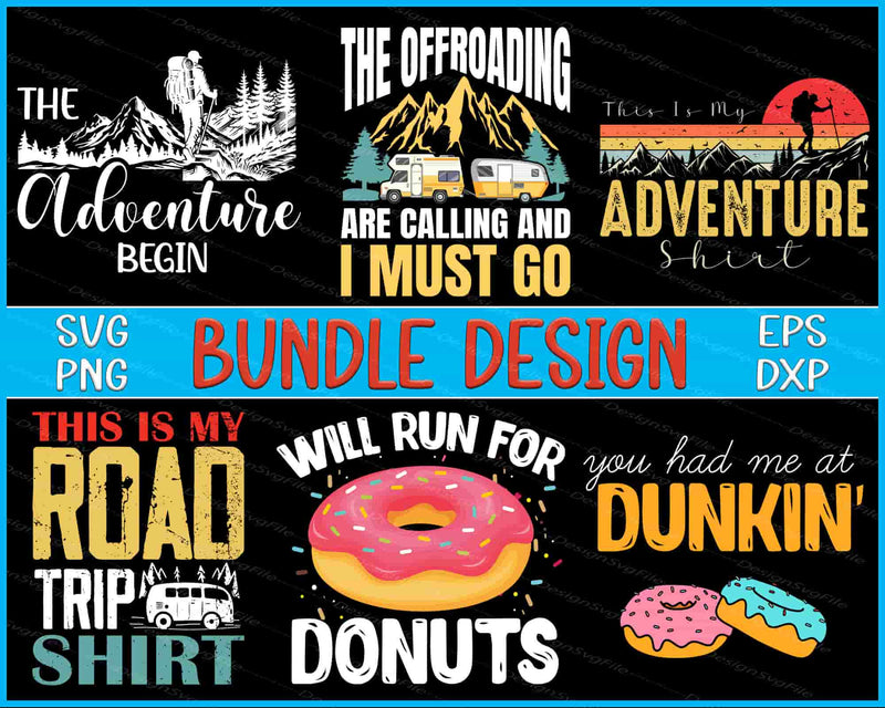 Collection of adventure-themed graphics with text and graphics on a black background.