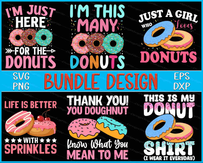 Collection of colorful donut-themed designs with text on a black background.