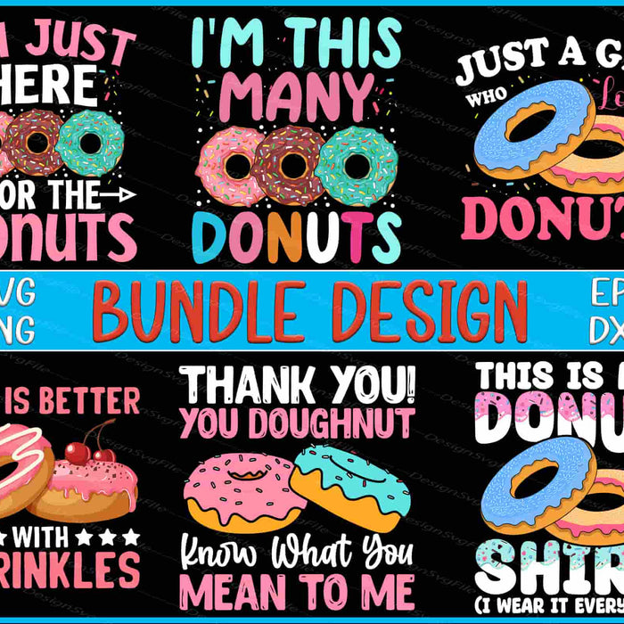 Collection of colorful donut-themed designs with text on a black background.