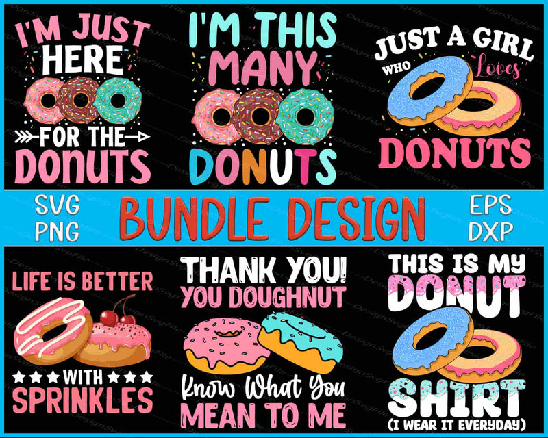 Collection of colorful donut-themed designs with text on a black background.