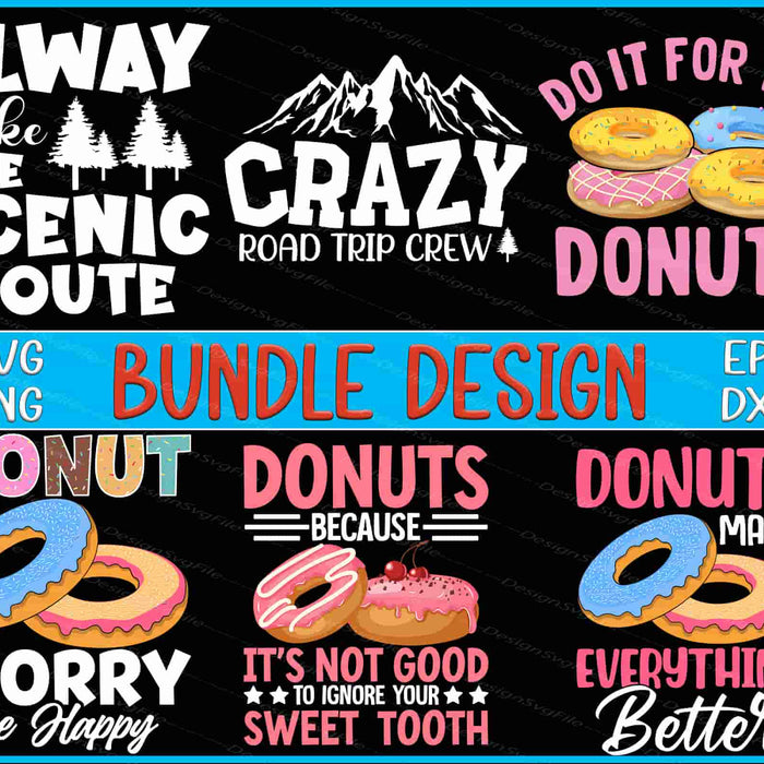 Collection of road trip and donut-themed graphics with text and donut illustrations on a black background.