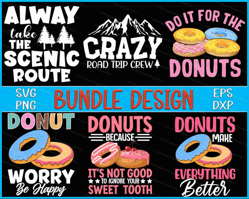 Collection of road trip and donut-themed graphics with text and donut illustrations on a black background.
