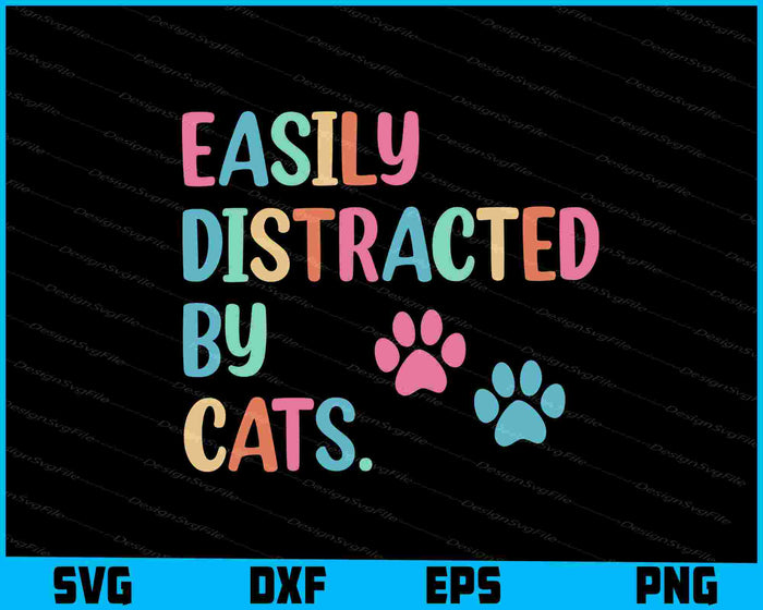 Easily Distracted by... bundle design with colorful text and animal footprints on a black background.