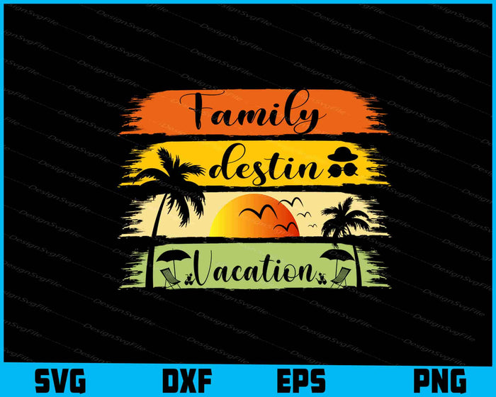 Collection of family vacation-themed designs with text and graphics on a black background.