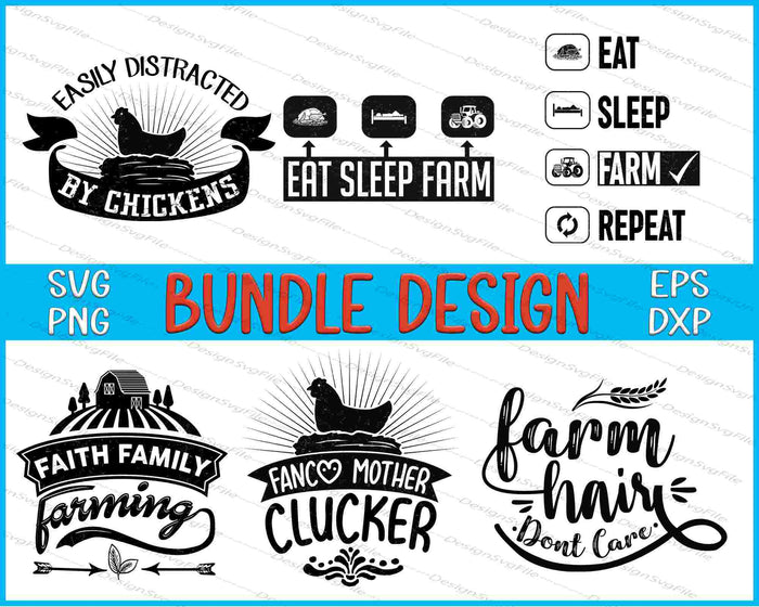 Collection of farm-themed designs with text and icons on a white background