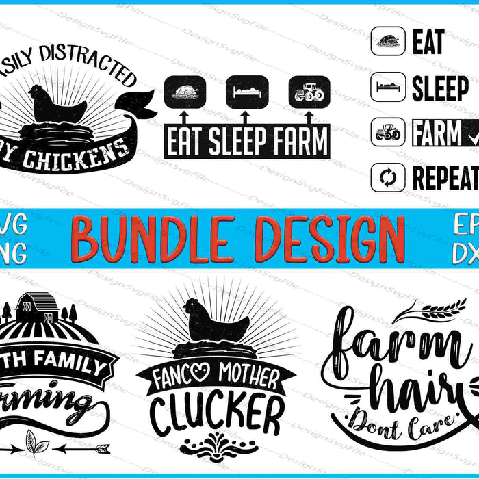 Collection of farm-themed designs with text and icons on a white background