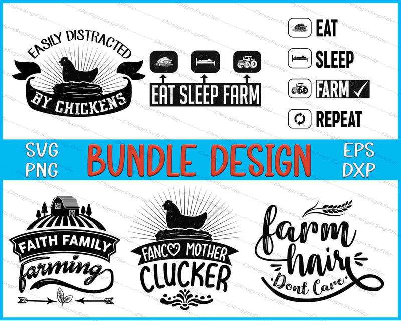 Collection of farm-themed designs with text and icons on a white background