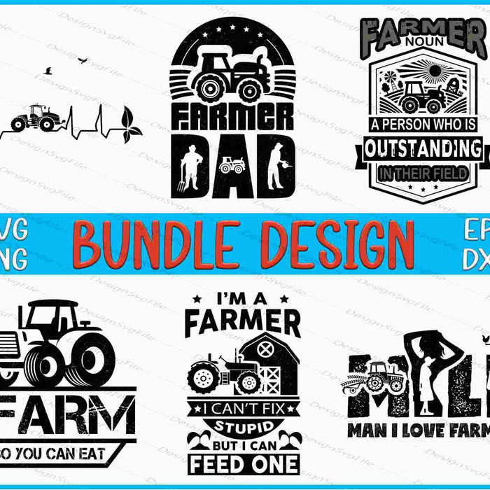 Collection of farmer-themed designs with tractors and text on a white background.