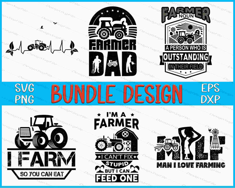 Collection of farmer-themed designs with tractors and text on a white background.