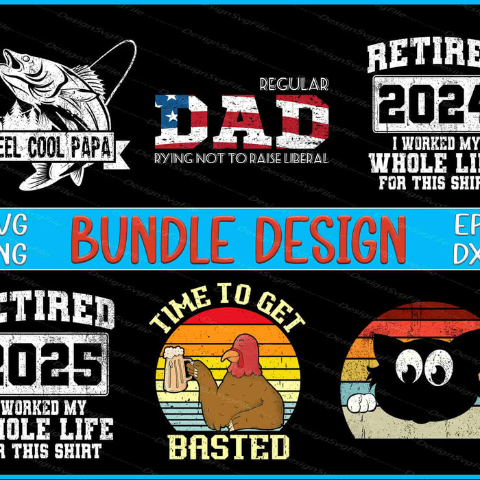 Collection of humorous and themed designs with text and graphics on a black background.