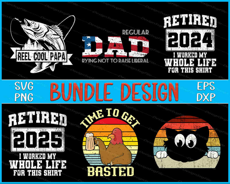 Collection of humorous and themed designs with text and graphics on a black background.