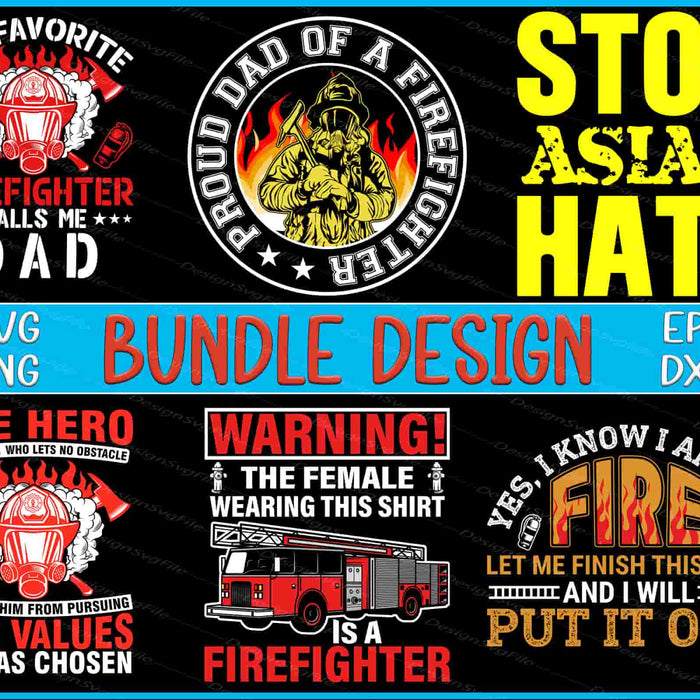 Collection of firefighter-themed designs with text and graphics on a black background.