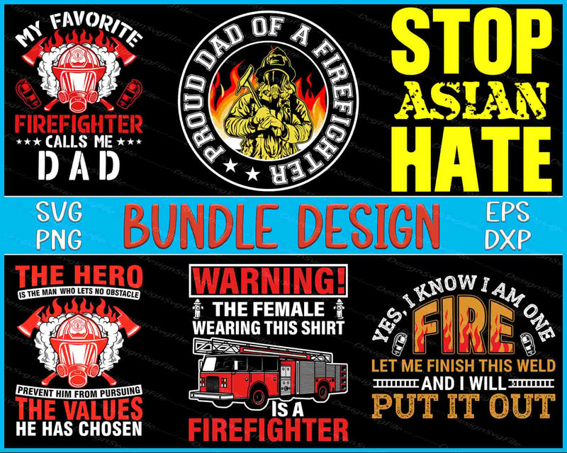 Collection of firefighter-themed designs with text and graphics on a black background.