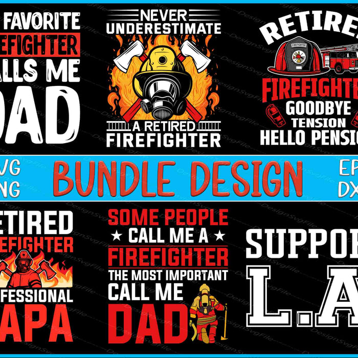 Collection of retired firefighter-themed graphics with text and icons on a black background.