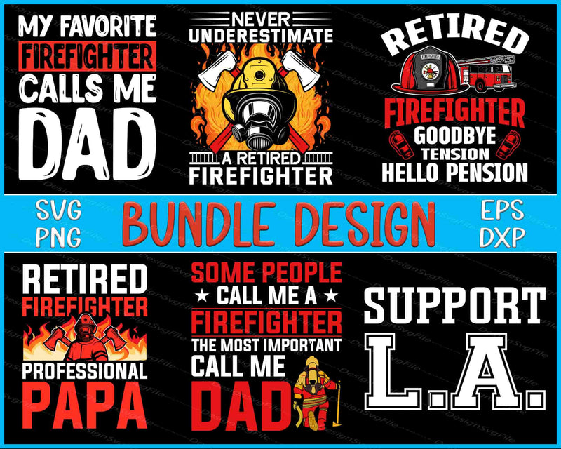 Collection of retired firefighter-themed graphics with text and icons on a black background.