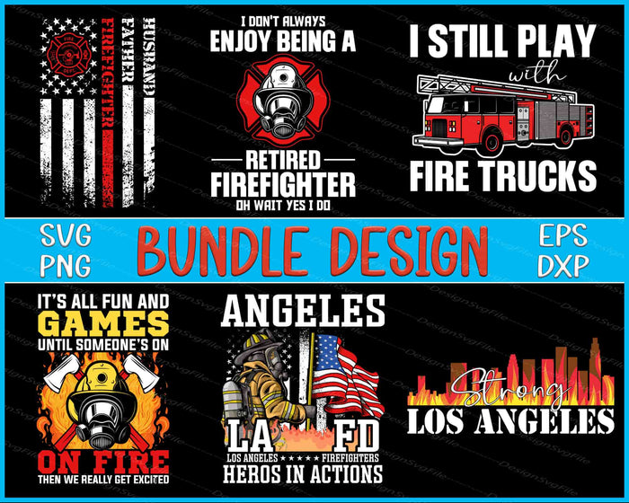 Collection of firefighter-themed designs with text and graphics on a black background.