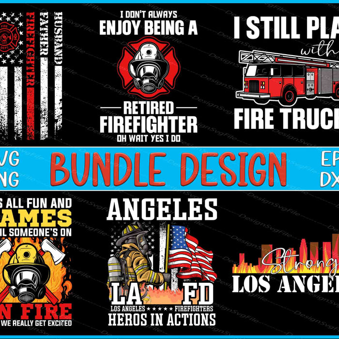 Collection of firefighter-themed designs with text and graphics on a black background.