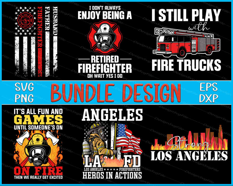 Collection of firefighter-themed designs with text and graphics on a black background.