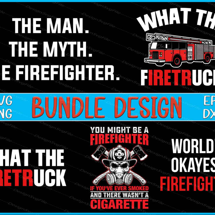 Collection of firefighter-themed designs with text and graphics on a black background.