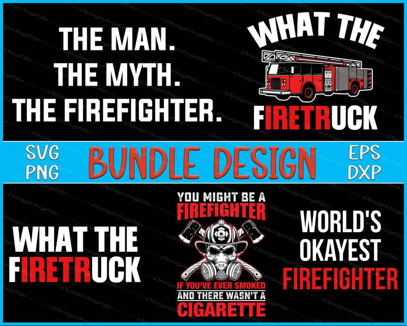 Collection of firefighter-themed designs with text and graphics on a black background.