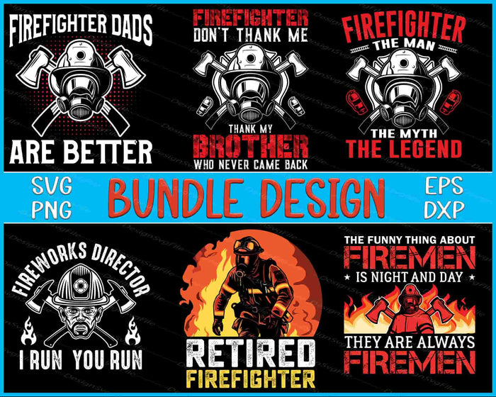 Collection of firefighter-themed graphic designs with text on a black background.