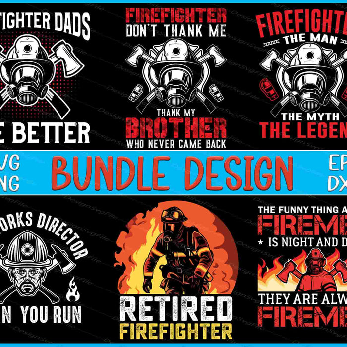 Collection of firefighter-themed graphic designs with text on a black background.
