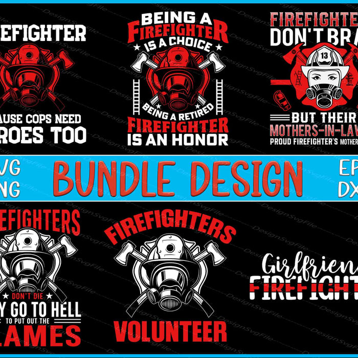Collection of firefighter-themed designs with text and graphics on a black background.