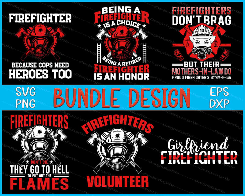 Collection of firefighter-themed designs with text and graphics on a black background.