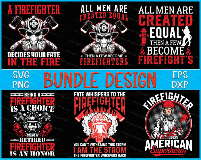 Collection of firefighter-themed designs with text and graphics on a black background.