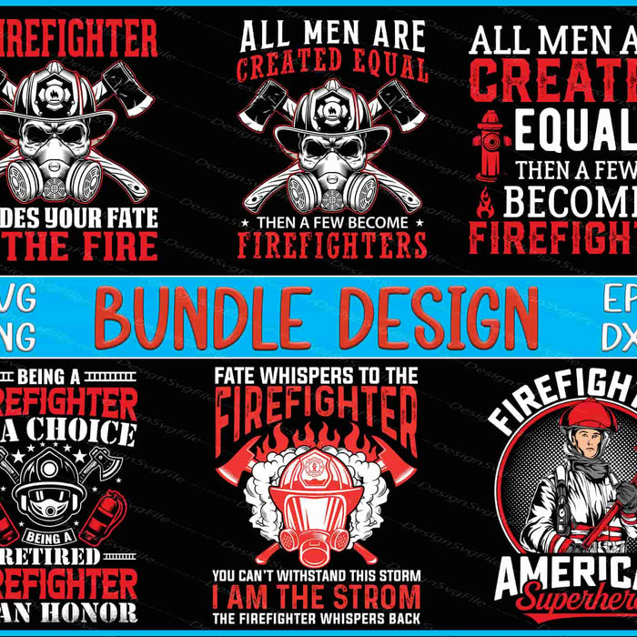 Collection of firefighter-themed designs with text and graphics on a black background.